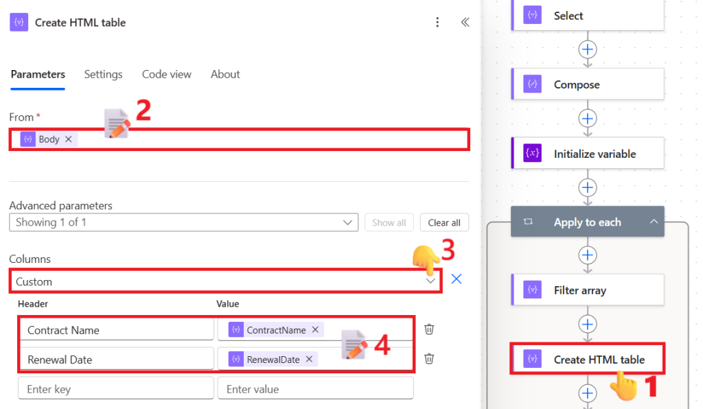 Create HTML table action