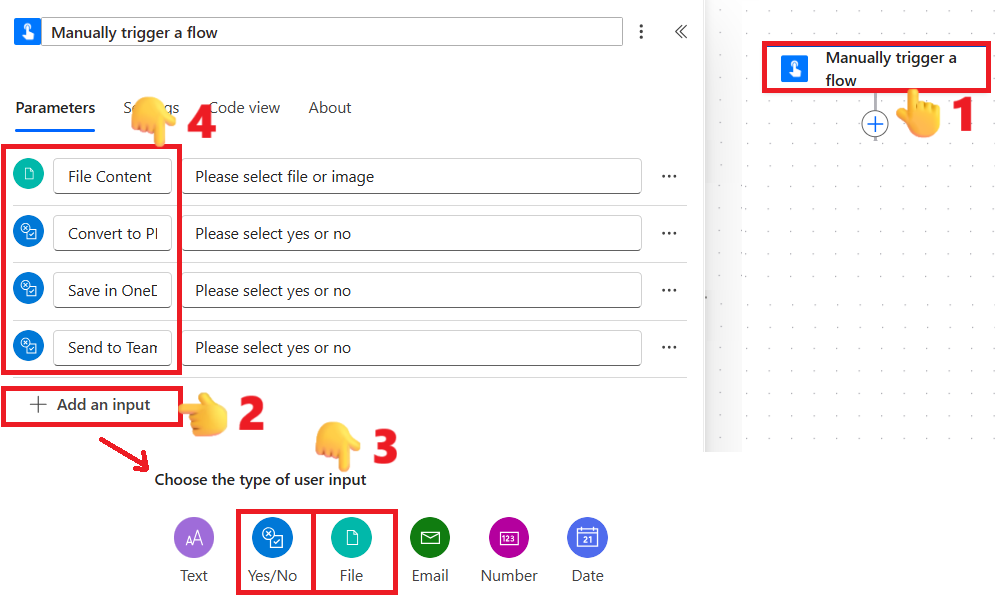 Power automate manual trigger and parameters
