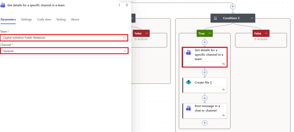 Get details for a specific channel in a team action