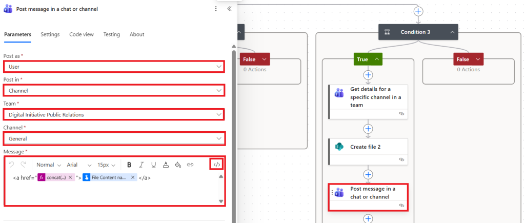 Post message in a chat or channel action